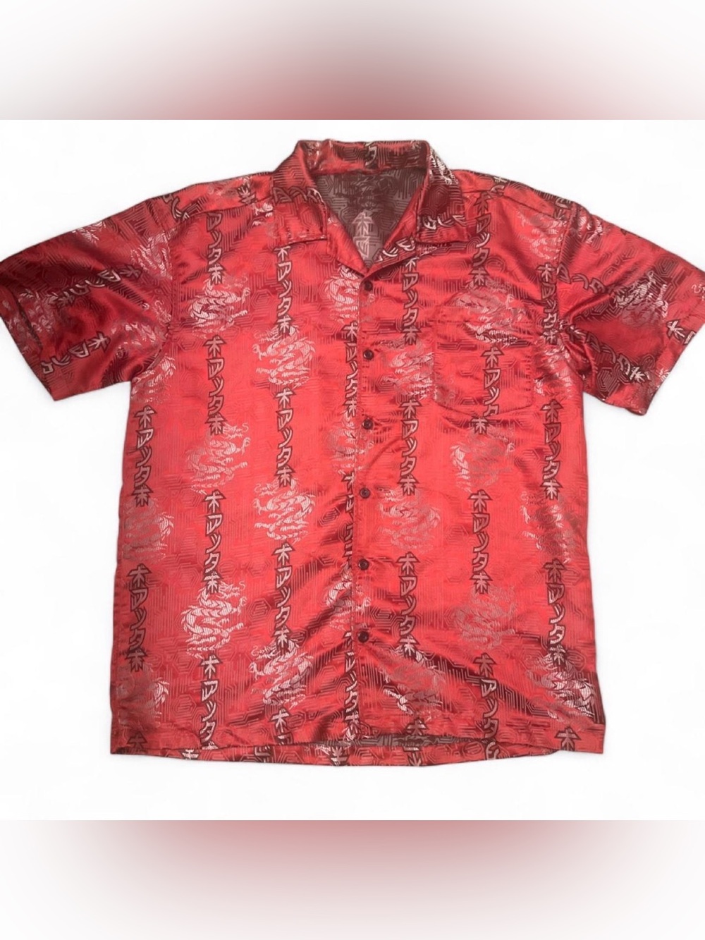 Men's Japanese Streetwear Red Dragon Jacquard Short-Sleeve Button-Up Shirt Sz XL